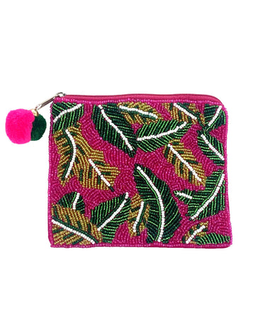 Fuschia With Leaf Print Coin Purse LAC-CP-1247